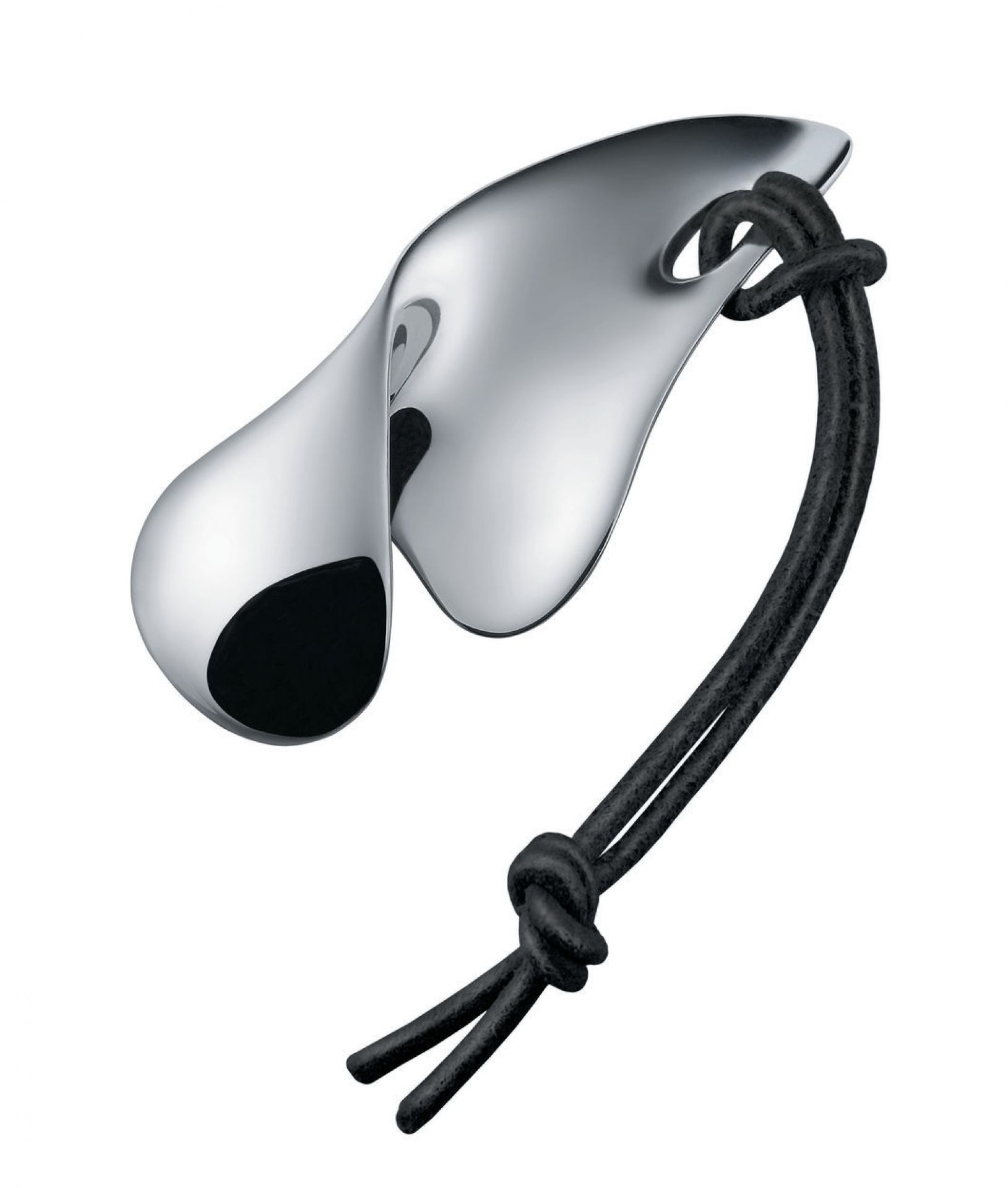 Alessi VS01 Bulla Flaschenöffner aus poliertem Edelstahl mit schwarzer Lederschnur, modernes und stilvolles Design.
